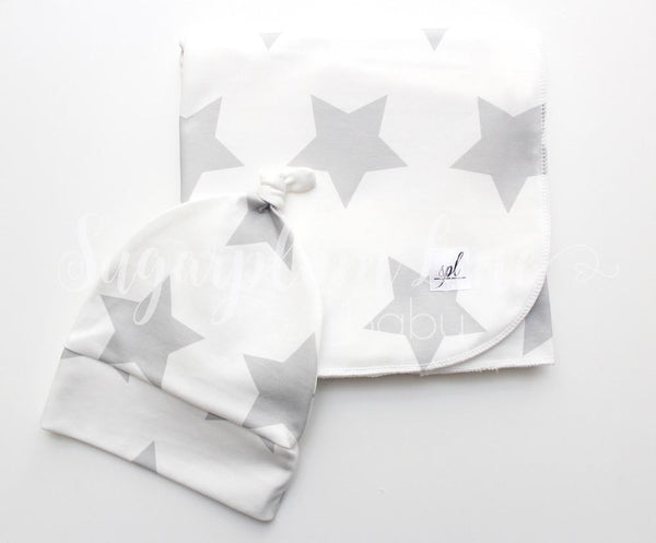 Organic Swaddling Blanket OR Knot Hat- White with Grey Stars